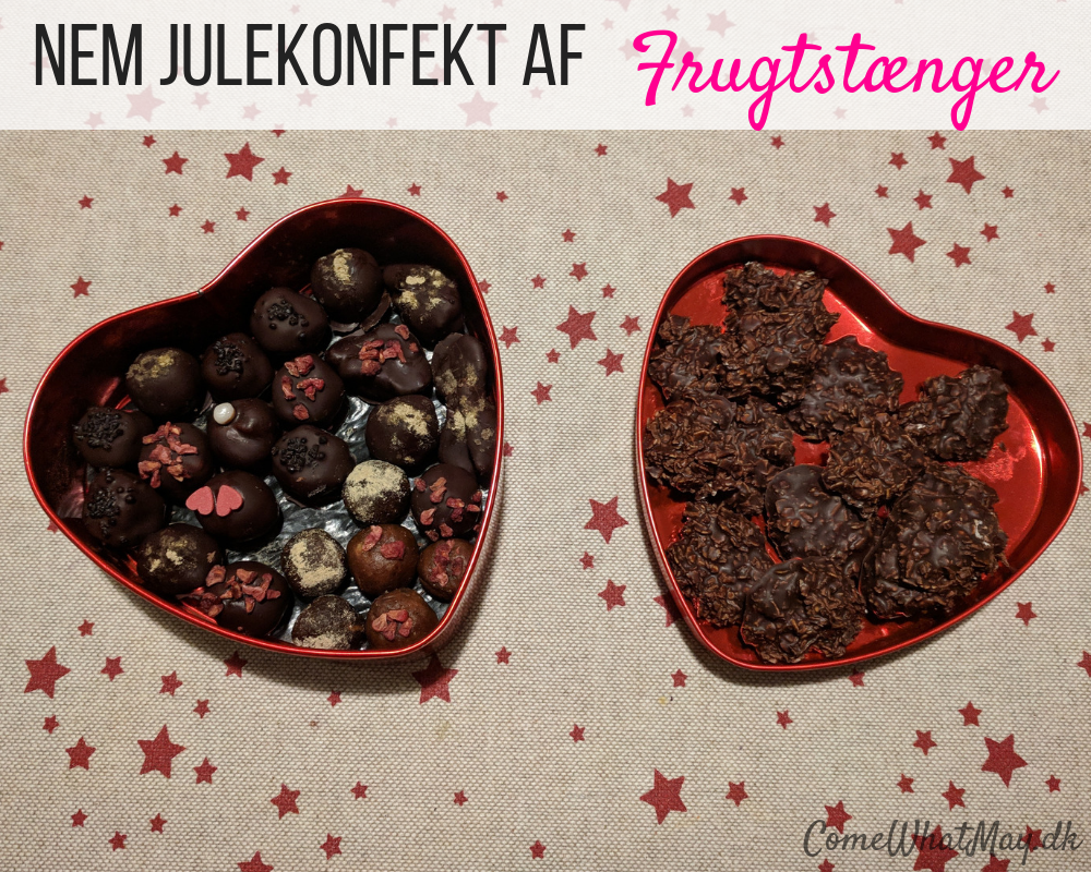 Lav dit eget juleslik / julekonfekt af frugtstænger og smeltet chokolade